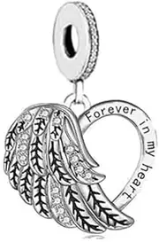 [Mon & Sons] Forever In My Heart Angel Wing Memorial Charm Bead Pendant 925 Sterling Silver Dangle Compatible With Pandora Charm Bracelet, Metal