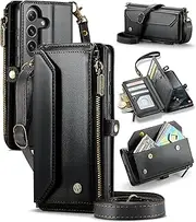 [ELEPIK] for Galaxy S23 FE Case, Adjustable Crossbody Wallet Case with Card Holder, Kickstand [RFID Blocking] [Crossbody & Wrist Strap] Leather Magnetic Phone Case for Samsung Galaxy S23 FE, Black
