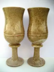 Handmade 2pc Cream Moss Marble Wine Gemstone Stone Glass Goblet Set Boxed