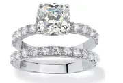 CUSHION CZ ACCENTS BRIDAL 2 RING SET BAND PLATINUM STERLING SILVER 6 7 8 9 10