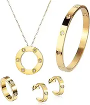[ROUGEMONT] Elegant Jewelry Set 4 Pieces Stainless Steel 18K Gold Crystal Pendant Necklace Bangle Ring Earrings, normal, Stainless Steel Stainless steel Crystal, Cubic Zirconia