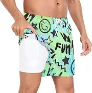 [GuoChe] Mens Short Swim Trunks Mens Lined Running Shorts Bright Urban Graffiti Blue Green with Phone Pocket Basketball Shorts