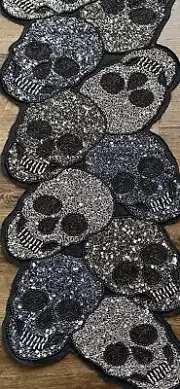 Tahari Halloween Beaded Silver Skull Table Runner Day of the Dead Gothic Black