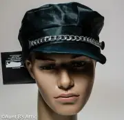 Biker Hat Black Satin Finish Cap With Silver Metal Chain Costume Acessory OS