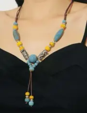 New Western Boho Porcelain Beaded Leather Necklace 16.5”