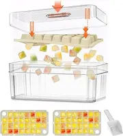 Qoosea Ice Cube Tray with Lid and Bin 60Pcs 2 Trays Ice Cube Molds for Freezer with Scoop Easy Release Ice Box Container BPA Free for Whiskey Cocktail Beer Coffee Juice (Yellow)