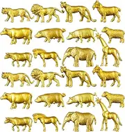 24 Pcs Gold Plastic Zoo Metallic Safari Figurines Toys - Elephant, Lion, Wild Animals Decor - Mini Jungle Figures for Themed Birthday Party Cake Toppers