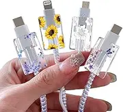 Flower Floral Lightning Cable Protector for iPhone Type-C Charger,Cute Lavender Sunflower Lace Blossom Pattern 4pcs Set Phone Cable Protector,Charging Cord Protector,Charger Saver (Lightning Cable)
