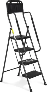 4 Step Ladder with Handrails, 330 Lbs Folding Step Stool with Attachable Tool Ba