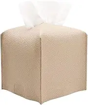 Tissue Box Cover Holder, Square PU Leather Decorative Tissue Box Organizer for Tabletop, Bathroom, Car & Office – Stylish Tissue Box Holder with Bottom Belt for Modern Home & Office Decor (Beige)