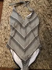 NWT Ann Taylor LOFT Size 10 Swimsuit Black White Stripe Halter Tie Neck