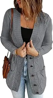 [luvamia] Womens Long Sleeve Open Front Buttons Cable Knit Pocket Sweater Cardigan
