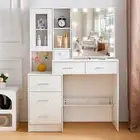 Dressing Table Set Vanity Makeup Table With LED Lights Mirror + 6 Drawers Wood