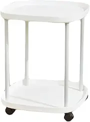 TOMVAES 2-Tier Small Square Side Table with 4 Wheels,Movable Round Coffee Table with Wheels Sofa End Table for Living Room Bedroom Balcony Patio Nightstand (White)