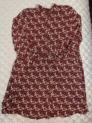 Ann Taylor Burgundy Floral Button Down Dress Mandarin Collar Sz L Long Sleeve