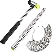 3Pcs Ring Sizer Measuring Tool Set, Including Ring Sizer Mandrel Measuring Tool, Ring Gauge Finger Sizer & Rubber Jewelry Hammer for Man Women Jewelry Making