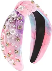 Fashion Women Knotted Jeweled Headband Crystal Embellished Hairband ladies Accessories for Girls (Tie dye - pink, One size)