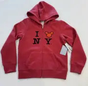 NWT Disney I LOVE NEW YORK Mickey Mouse Red Zip Up Long Sleeve Hoodie Youth 7/8