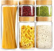 AISIPRIN Airtight Glass Jar with Lid, Glass Storage Containers with Screw On Bamboo Lids, for Cookie, Pasta, Cereal Storage Containers, 5Pcs 80oz 50oz 27oz Canisters Sets for the Kitchen
