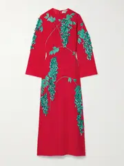 [BERNADETTE] BERNADETTE - Harry Embellished Embroidered Silk Crepe De Chine Midi Dress - FR 36 FR 36 Red