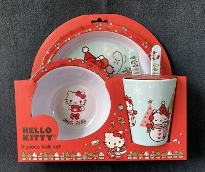 Hello Kitty 5pc Kids Melamine Dinnerware Set Red Holiday Christmas Winter Cocoa
