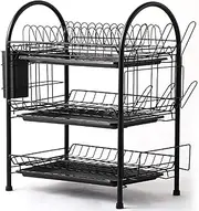 Dish Drying Rack 3 Tier Dish Rack Steel with Removable Drain Board Storage Rack for Dish Drainer Utensil Holder with Cup Rack for Kitchen Countertop Organizer Storage