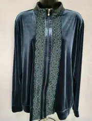Jaclyn Smith Womens Jacket Coat Size XL X Large Green Gold Floral Velor FEEL NEW