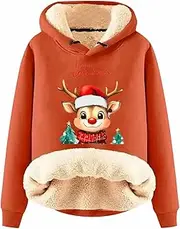 [Generic] Cute Reindeer Christmas Hoodies Sweatshirts for Women Oversized Fleece Lined Thicken Drawstring Pullover Thermal Hoodie, Orange, 5X-Large, Orange, 5X-Large