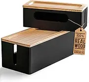 [Set of Two] Rustic Wooden Cable Management Box Cord Organizer, Large Storage Holder for Desk, TV, Computer, USB Hub, System to Cover and Hide & Power Strips & Cords (Black)