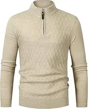 [Qolkmuiy-GJ] Men's Waffle Quarter Zip Sweater Mock Neck Turtleneck Pullover Casual Textured Ribbing Edge Sweaters