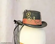 Black Steampunk Ladies Mini Top Hat Headband Veil Brown Band Gears Costume