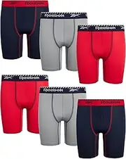[Reebok] Boys? Underwear ? Long Leg Performance Boxer Briefs (6 Pack), Size Small, Red/Light Grey/Navy