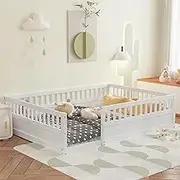 Donext Full Floor Bed Frame with Fence, Wood Kids Floor Beds Frame for Bedroom Playroom,White
