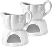 Large 18 Oz Gravy Boat with Warmer, White Fine Porcelain Saucier with Big Dripless Lip Spout, Gravy Bowl for Thanksgiving, Warming Sauces, Salad Dressings, Microwave & Freezer Safe