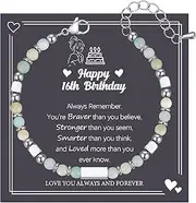 [DOA] 8th 9th 10th 11th 12th 13th 14th 15th 16th Birthday Gift Natural Stone Bracelet Adjustable Elastic Bracelet Birthday Present for Sister Daughter Granddaughter Friend Niece with Message Card & Box