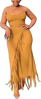 [LUXRUB] Women's Fashion 2 Piece Outfits Dress Sets Sexy Spaghetti Strap Camisole Crop Top and Bodycon Fringed Hem Maxi Skirt (Color : Brown, Size : XX-Large)