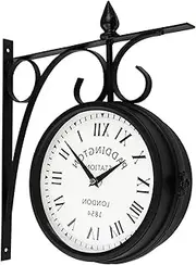 Outdoor Garden Wall Clock, Waterproof Double Sided Train Station Clocks, Vintage Wrought Iron Clock, Easy Read Two Faces Station Clock for Indoor Outdoor Living Room Study Wall Decoration