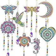 8 PCS Diamond Art Painting Suncatcher Kits, FineGood 5D Diamond Paintings Wind Chime Keychains, DIY Diamond Art Kits Hanging Ornament for Home Garden