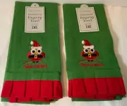 DII Embroidered Fingertip Towels (2) Christmas Owls Santa Suits Happy Holidays!
