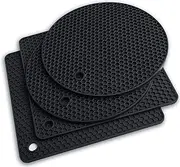 Zingtsing 4PACK Silicone Trivet Mat Heat Resistant Hot Pads Food Grade Table Placemats for Hot Dishes/Table Kitchen Pot Holders Spoon Holder Oven Mitts (4PACK Black Square+Round)