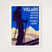 Galrie Vintage Skiing in Villars Switzerland Art Deco Poster for Home Decor, White Frame, 70 x 100cm (28 x 40inch)