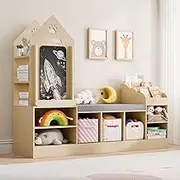 MU Kids Bookshelf with Reading Nook, Wooden Toy Storage Organizer with Chalkboard and Bench, Kids Reading Nook for Boys & Girls, Toddler Toy Shelf for Bedroom, Nursery, Playroom, Natural Oak