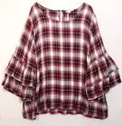 Jane & Delancy Top 3X Multicolor Plaid Flannel Tiered Ruffle Sleeve Peasant NWT