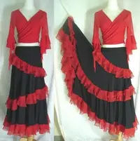 在飛比找Yahoo!奇摩拍賣優惠-鴨米衣舖紅邊紗黑色佛朗明哥舞裙層次裙襬奶絲裙腰圍25-30吋