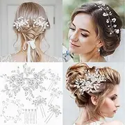 10 Pieces Rhinestone Hair Combs, U-Shaped Pearl & Silver Crystal Hair Pins, Flower Head Pieces, Bridal Hair Vine for Bride & Bridesmaid