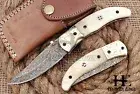 HUNTEX Custom Handmade Damascus 110mm Long Camel Bn Hunting Folding Pocket Knife