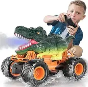 FUZETAO 2.4GHz Remote Control Dinosaur Car Trucks Toys for Kids Boys, RC Dino Car Toys with Light, Sound & Spray, Indoor Outdoor All Terrain Electric RC Car Toys (RC-02)