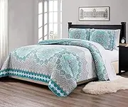 (King/California King) - Fancy Collection 3 Pc King/California King Over Size Quilted Bedspread Set Aqua Turquoise Coastal Plain/"Grey Green" White Elegant Design New