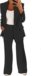 [HanZhuoAu] Women's Fashion Blazer Tracksuit Set Solid Color Slim Fit Suit Coat & Pants Two Piece Set