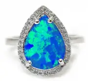 Natural Blue Fire Opal & White Topaz 925 Sterling Silver Ring Jewelry Sz 8